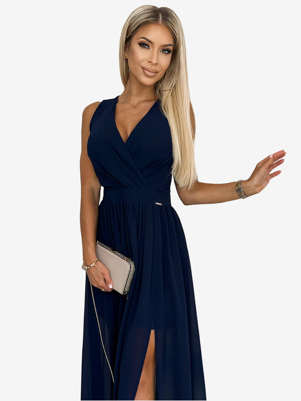 numoco Dolga obleka z izrezom in kravato - temno modra Numoco JUSTINE