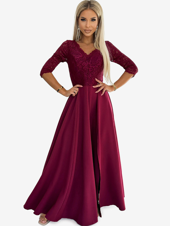 numoco Elegantna dolga maksi obleka s čipkastim izrezom - bordo Numoco AMBER