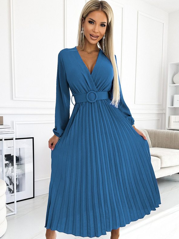 numoco Plisirana midi obleka s srčastim izrezom, dolgimi rokavi in širokim pasom Numoco VIVIANA