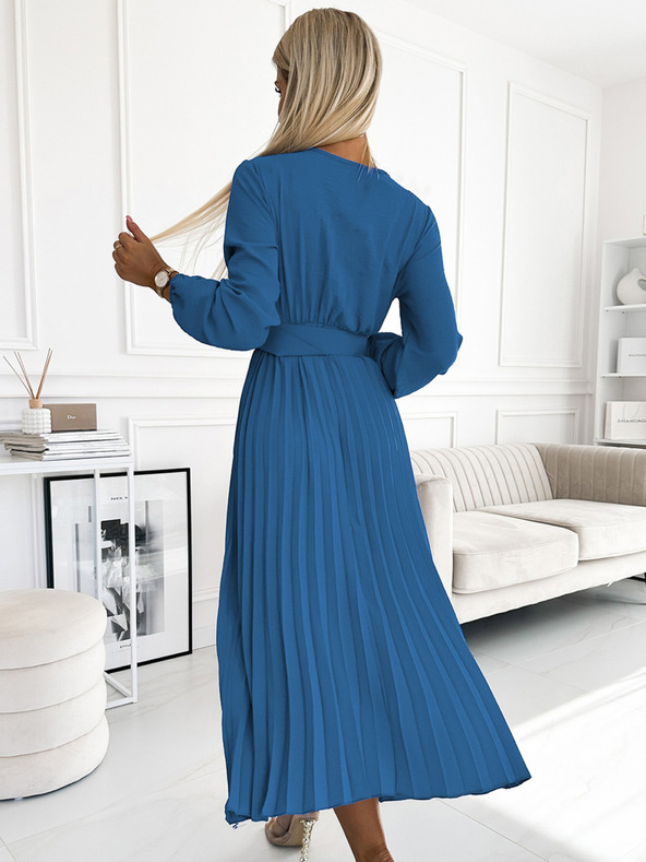 numoco Plisirana midi obleka s srčastim izrezom, dolgimi rokavi in širokim pasom Numoco VIVIANA