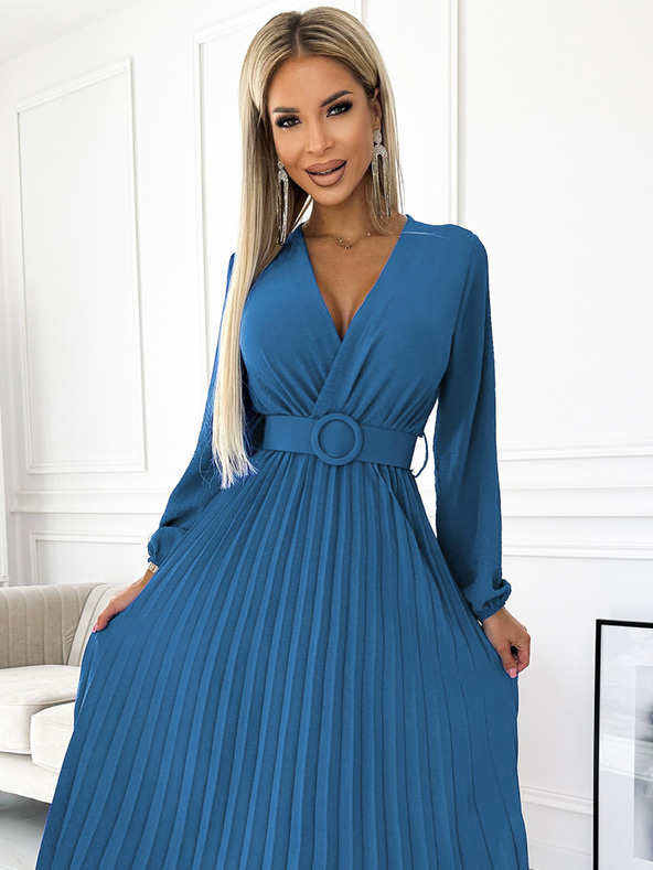 numoco Plisirana midi obleka s srčastim izrezom, dolgimi rokavi in širokim pasom Numoco VIVIANA