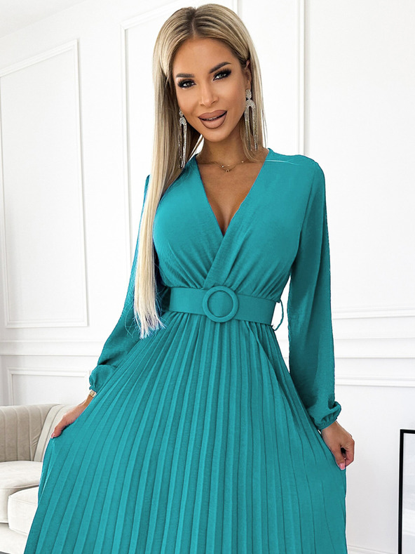 numoco Plisirana midi obleka z izrezom, dolgimi rokavi in širokim pasom - morska barva Numoco VIVIANA