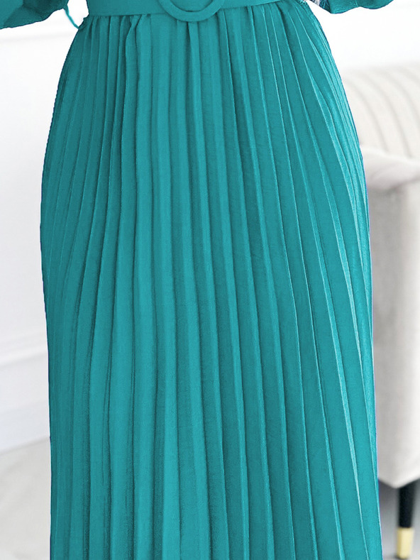 numoco Plisirana midi obleka z izrezom, dolgimi rokavi in širokim pasom - morska barva Numoco VIVIANA