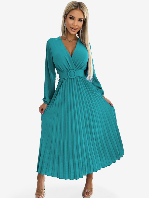 numoco Plisirana midi obleka z izrezom, dolgimi rokavi in širokim pasom - morska barva Numoco VIVIANA