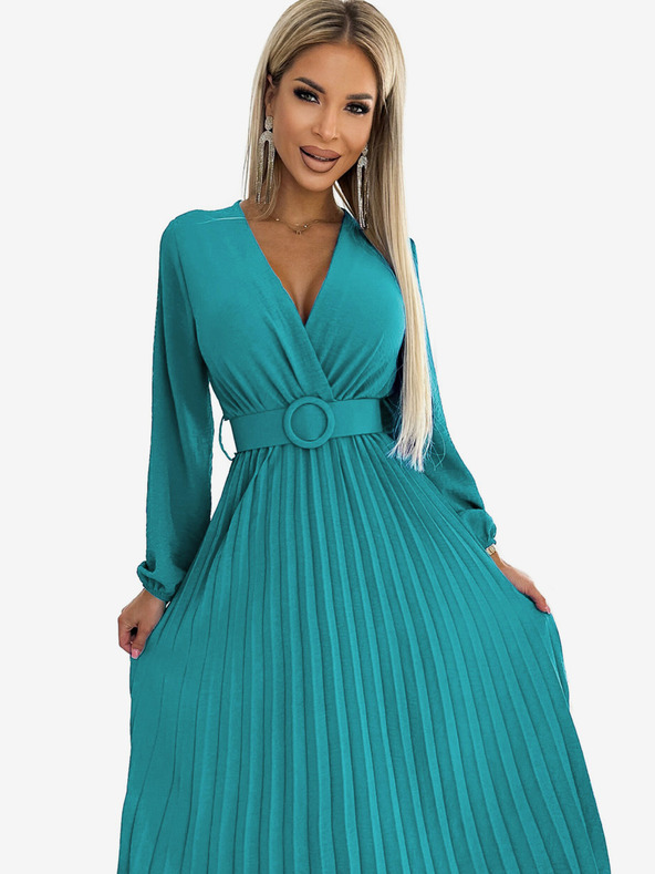 numoco Plisirana midi obleka z izrezom, dolgimi rokavi in širokim pasom - morska barva Numoco VIVIANA