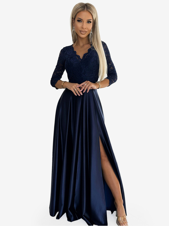 numoco Čipkasta dolga obleka iz satena z izrezom - temno modra Numoco AMBER
