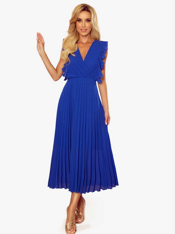 numoco Plisirana obleka z volani in izrezom - modra Numoco EMILY