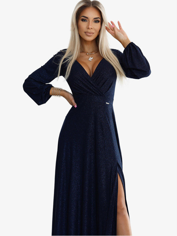 numoco Bleščeča dolga obleka z dolgimi rokavi - temno modra Numoco NELA