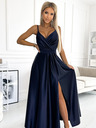 numoco Elegantna dolga obleka iz satena z izrezom - temno modra Numoco JULIET