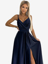 numoco Elegantna dolga obleka iz satena z izrezom - temno modra Numoco JULIET