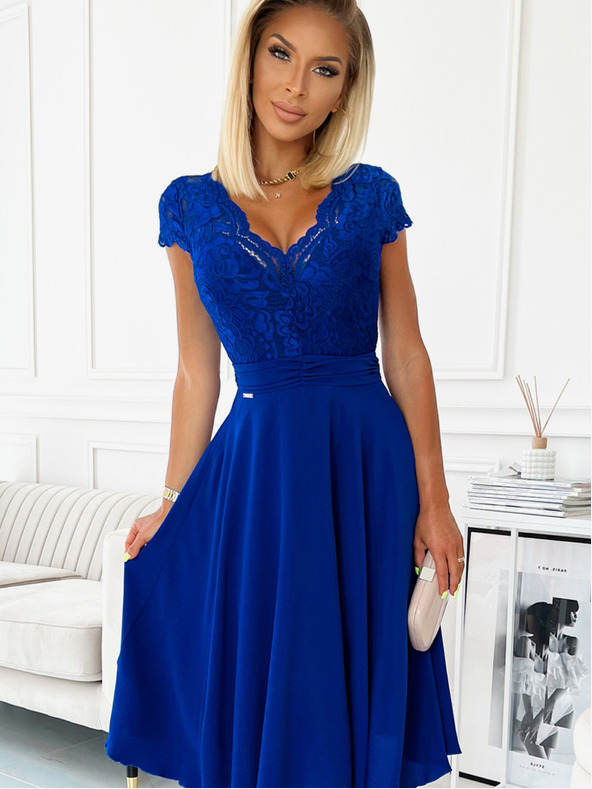 numoco Obleka iz šifona s čipkastim izrezom - modra Numoco LINDA