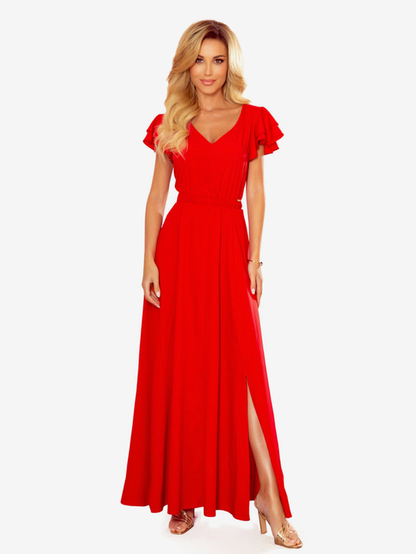 numoco Dolga obleka z izrezom in volančki - rdeča Numoco LIDIA