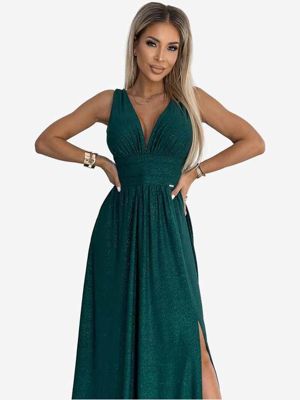 numoco Dolga obleka iz brokata z izrezom in šivi v pasu - zelena Numoco SUSANv