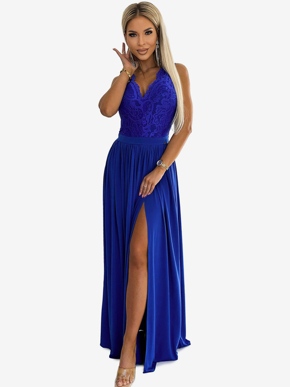 numoco Dolga obleka s čipkastim izrezom - modra Numoco LEA