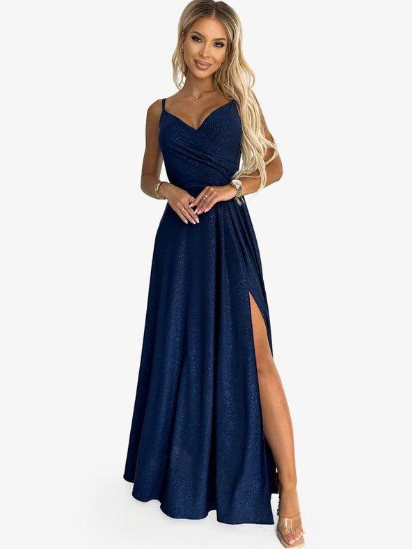 numoco Elegantna maksi obleka brez naramnic - temno modra z bleščicami Numoco CHIARA