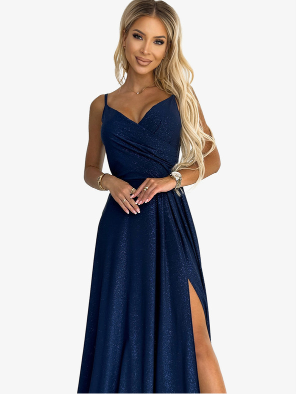 numoco Elegantna maksi obleka brez naramnic - temno modra z bleščicami Numoco CHIARA