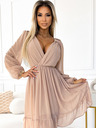 numoco Šiflonska midi obleka z dolgimi rokavi in izrezom - bež Numoco MILA