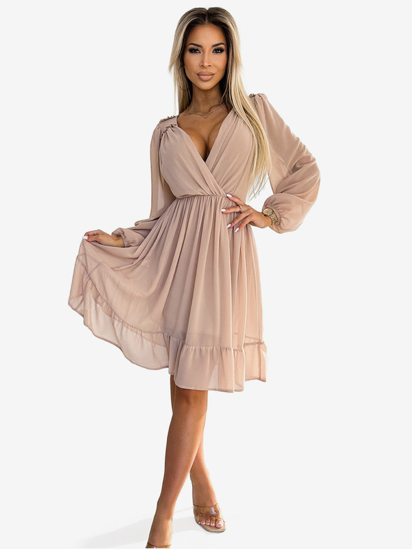 numoco Šiflonska midi obleka z dolgimi rokavi in izrezom - bež Numoco MILA