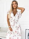 numoco Plisirana midi obleka z izrezom in volančki - cvet breskve na beli podlagi Numoco LISA
