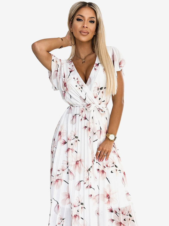 numoco Plisirana midi obleka z izrezom in volančki - cvet breskve na beli podlagi Numoco LISA