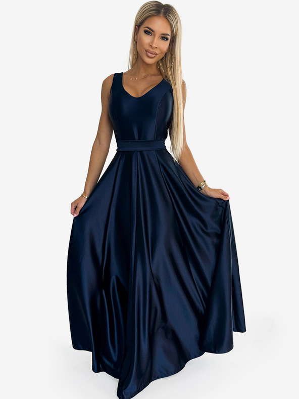 numoco Dolga satenova midi obleka z izrezom in lokom - temno modra Numoco CINDY