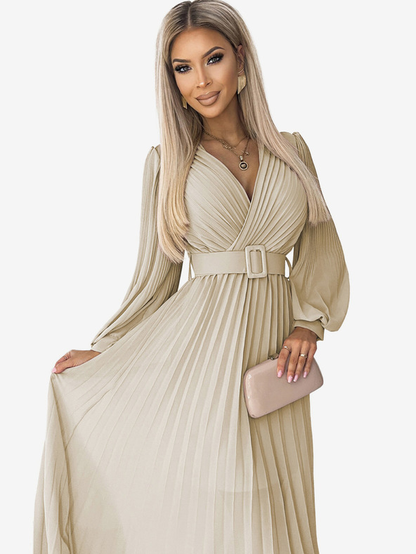 numoco Obleka s pasom in izrezom - bež Numoco KLARA