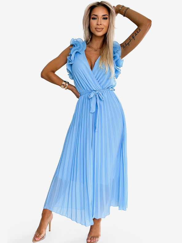 numoco Plisirana midi obleka iz šifona z izrezom in nežnimi volančki - svetlo modra Numoco MIRABELLA