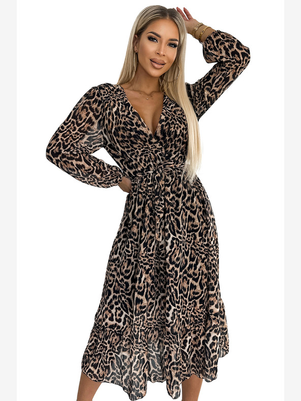 numoco Daljša obleka iz šifona z izrezom, volančki in pasom - leopardji potisk Numoco WILD