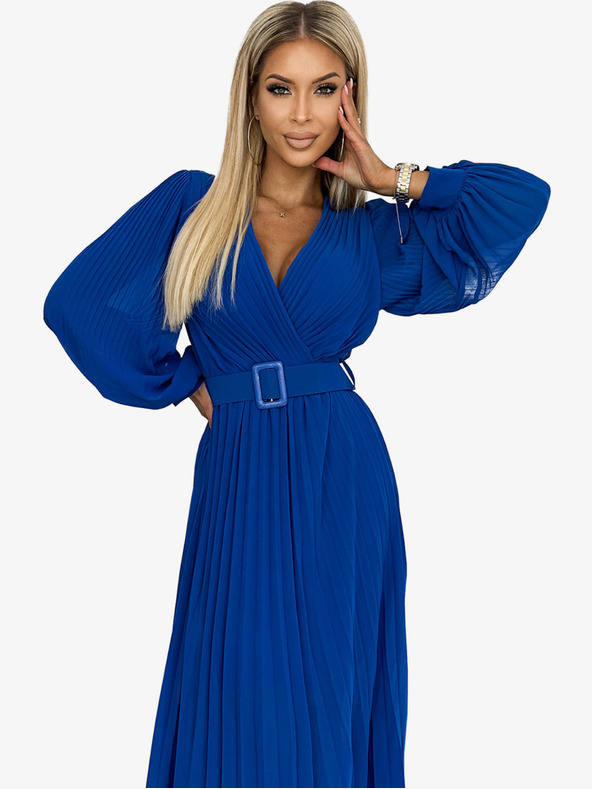 numoco Obleka s pasom in izrezom - modra Numoco KLARA