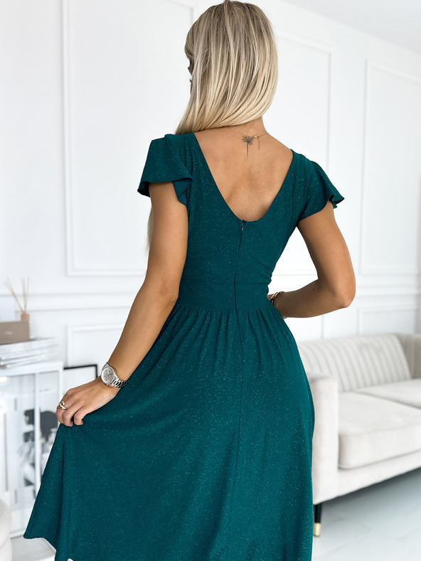 numoco Obleka z vratnim izrezom in kratkimi rokavi - zelena z bleščicami Numoco MATILDE