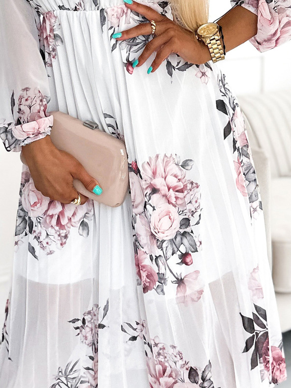 numoco Plisirana midi obleka z gumbi in dolgimi rokavi - vrtnica na beli podlagi Numoco CARLA