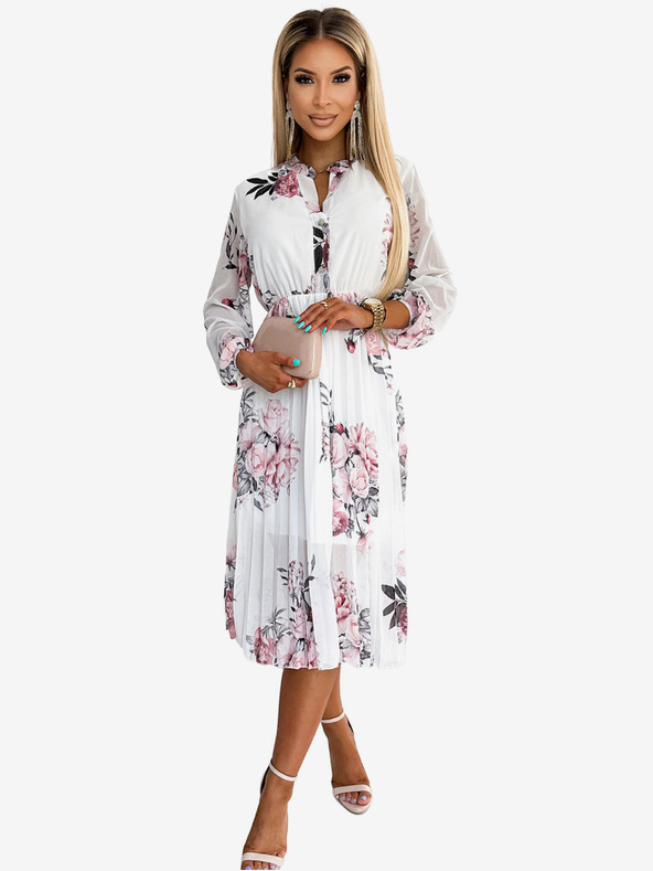 numoco Plisirana midi obleka z gumbi in dolgimi rokavi - vrtnica na beli podlagi Numoco CARLA