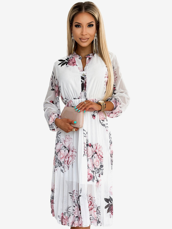 numoco Plisirana midi obleka z gumbi in dolgimi rokavi - vrtnica na beli podlagi Numoco CARLA