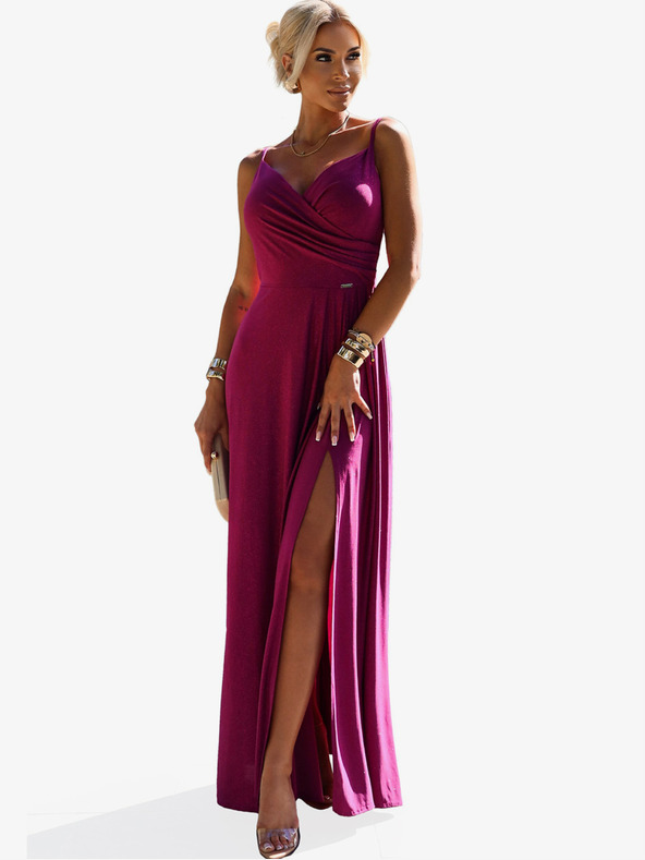 numoco Elegantna dolga maksi obleka z naramnicami - fuksija z bleščicami Numoco CHIARA
