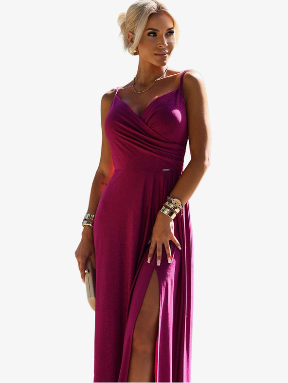 numoco Elegantna dolga maksi obleka z naramnicami - fuksija z bleščicami Numoco CHIARA