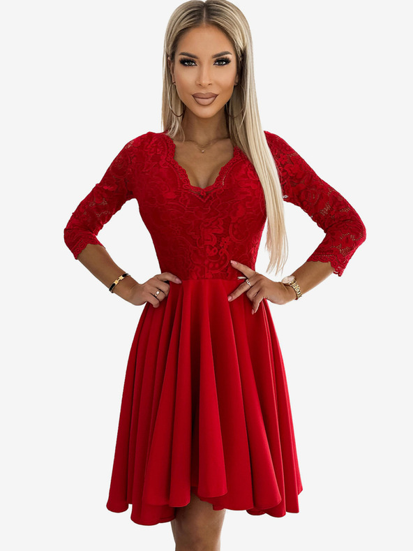 numoco Obleka s čipkastim izrezom in daljšim hrbtom - rdeča Numoco NICOLLE