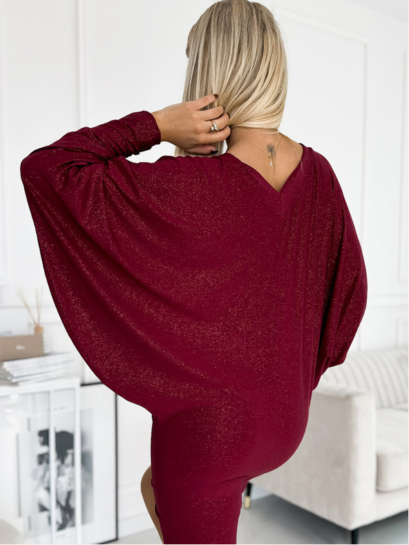 numoco Netopirska obleka z dekoltejem - bordo barve z bleščicami Numoco