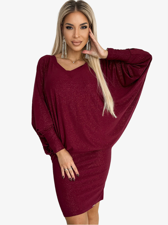 numoco Netopirska obleka z dekoltejem - bordo barve z bleščicami Numoco