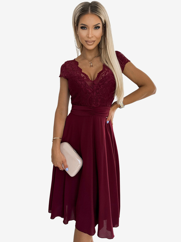 numoco Šifonska obleka s čipkastim izrezom - bordo Numoco LINDA