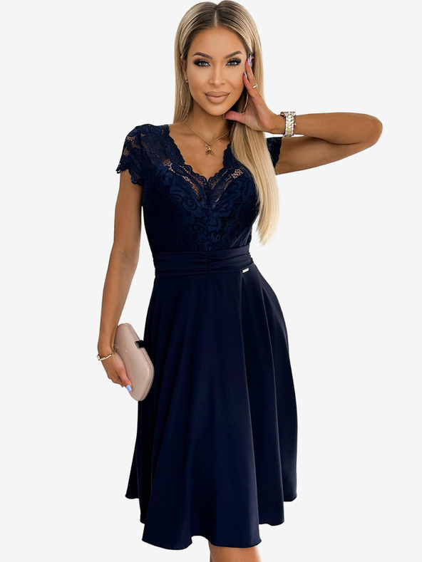 numoco Šifonska obleka s čipkastim izrezom - temno modra Numoco LINDA