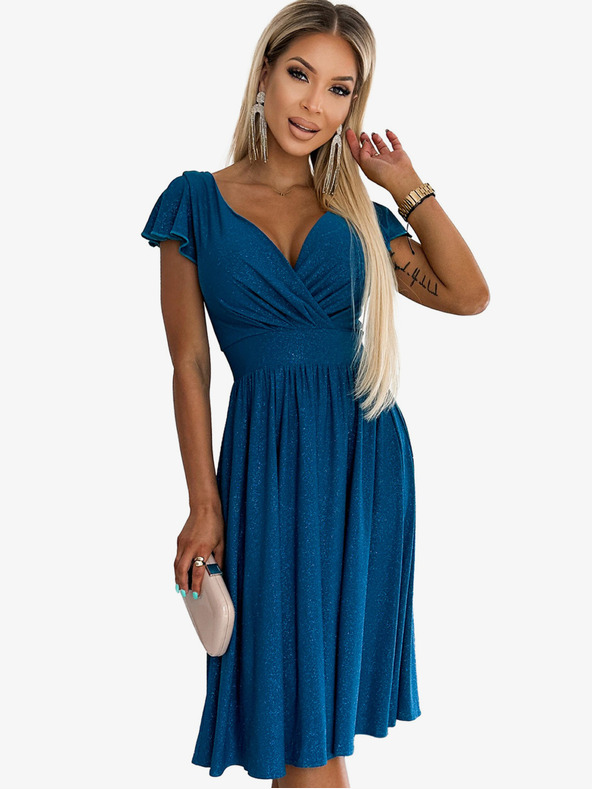 numoco Obleka s kratkimi rokavi, izrezom in kratkimi rokavi - mornarska barva z bleščicami Numoco MATILDE