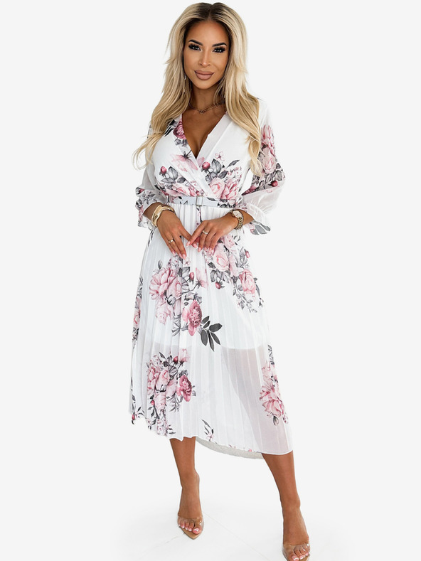 numoco Plisirana midi obleka z izrezom in pasom - vrtnica na beli podlagi Numoco YUNA