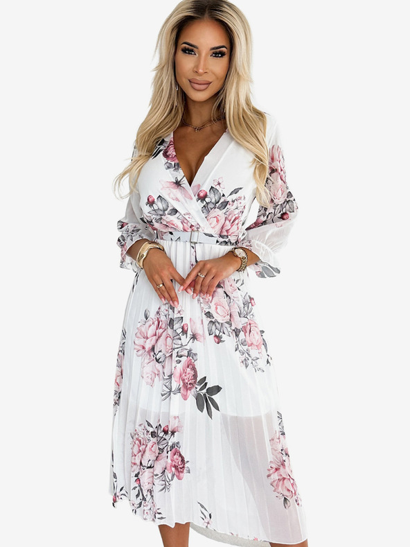 numoco Plisirana midi obleka z izrezom in pasom - vrtnica na beli podlagi Numoco YUNA