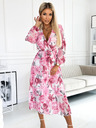 numoco Plisirana midi obleka s srčastim izrezom in dolgimi rokavi - rožnati cvetovi na beli podlagi Numoco GAJA