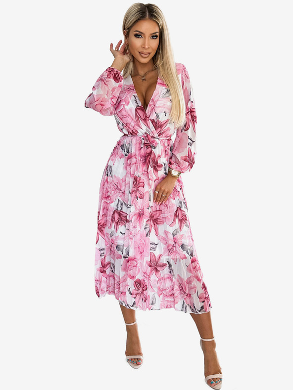 numoco Plisirana midi obleka s srčastim izrezom in dolgimi rokavi - rožnati cvetovi na beli podlagi Numoco GAJA