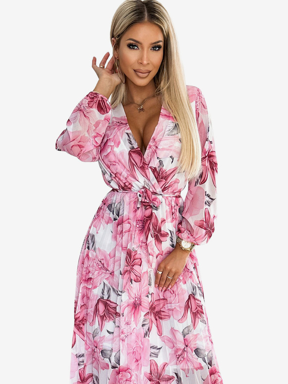 numoco Plisirana midi obleka s srčastim izrezom in dolgimi rokavi - rožnati cvetovi na beli podlagi Numoco GAJA