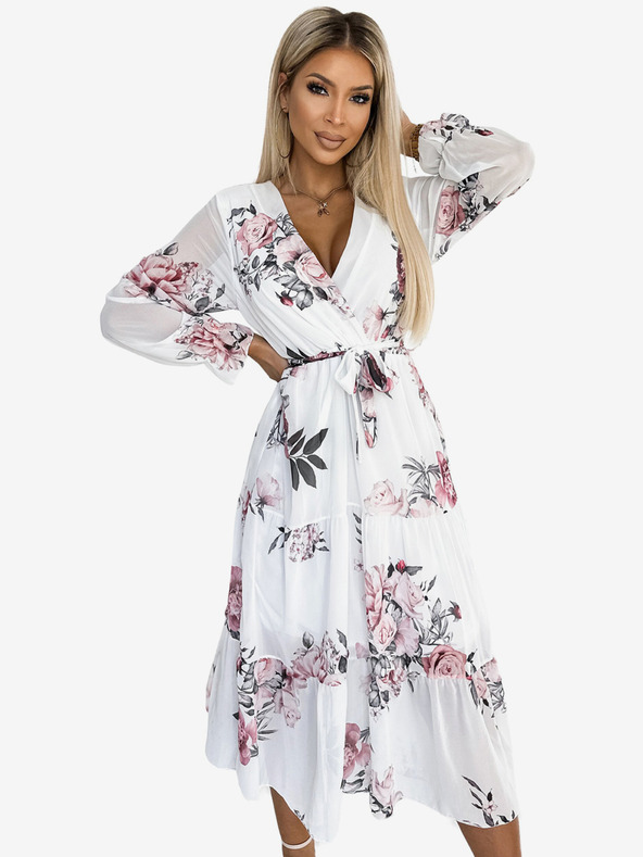 numoco Midi obleka z izrezom in pasom - bela z vrtnicami Numoco VALENTINA