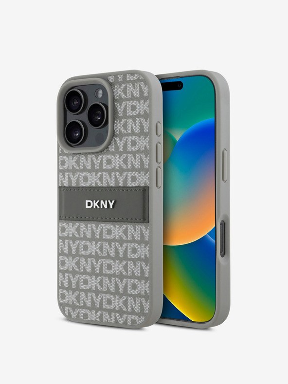 DKNY DKNY PU usnje s ponavljajočim se vzorcem v tonskih črtah Zadnji ovitek za iPhone 16 Pro Max Beige