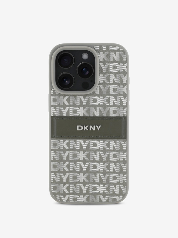 DKNY DKNY PU usnje s ponavljajočim se vzorcem v tonskih črtah Zadnji ovitek za iPhone 16 Pro Max Beige