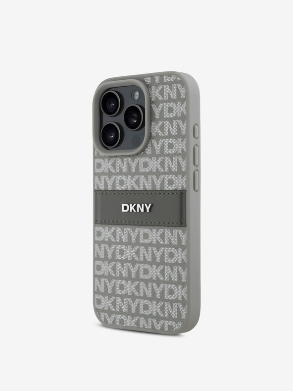 DKNY DKNY PU usnje s ponavljajočim se vzorcem v tonskih črtah Zadnji ovitek za iPhone 16 Pro Max Beige